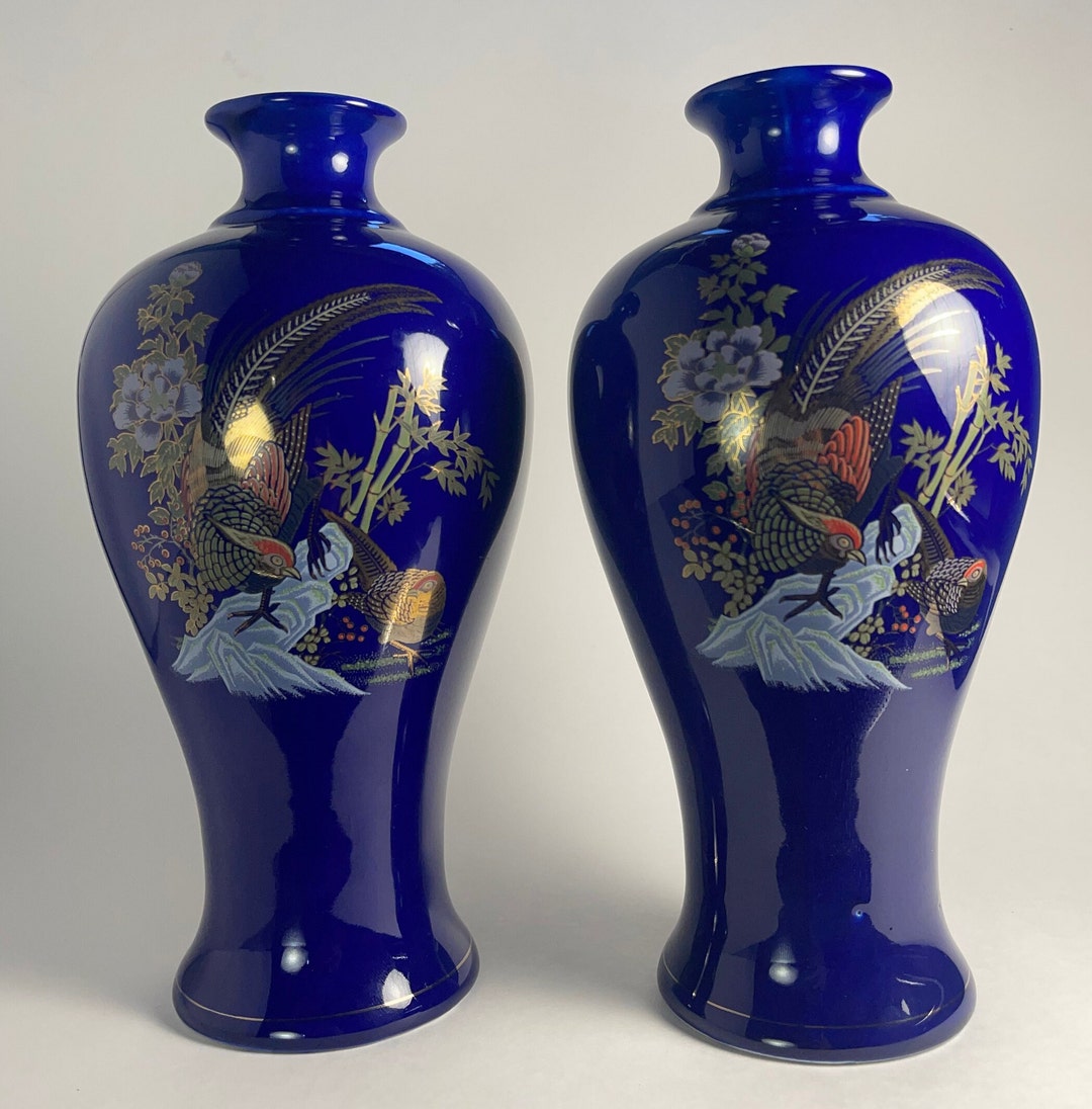 Cobalt BLUE Japanese Peacock Vases Hand Painted Gold Accent, 9.5inches