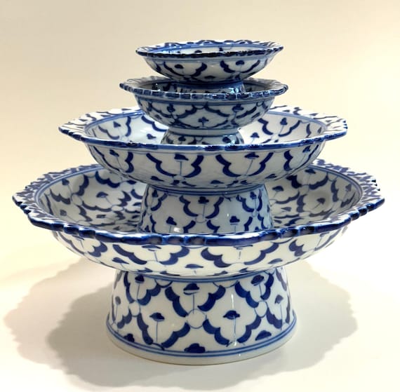 Hand Painted Blue White Porcelain Nesting Bowls - Thailand Serving