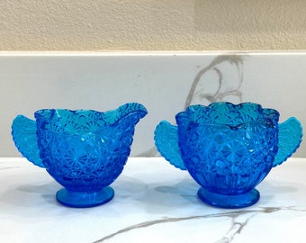 Vintage Dainty Cobalt Blue Crystal Sugar & Creamer Set, Retro Home Decor, Collectible Glass