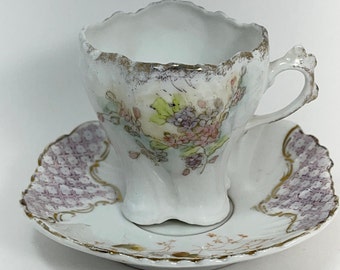 Antique Ornate Handle Demitasse' and Saucer Fine Paper Porcelain Teacup