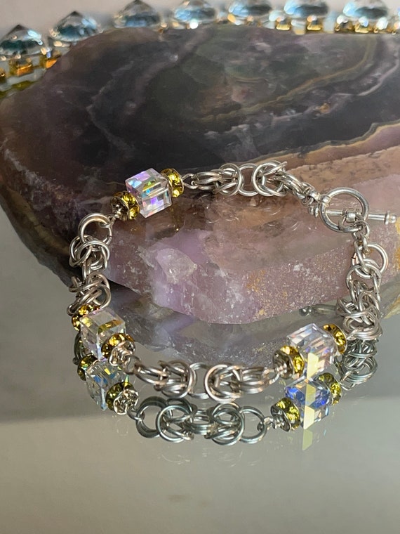 Rainbow Iridescent Linked Bracelet with Crystal A… - image 3