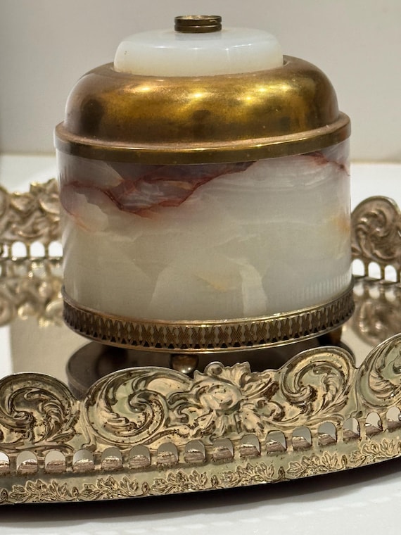 Mid Century Carved Onyx Trinket Box, Brass Accents