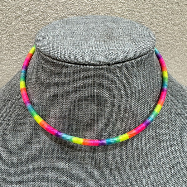 Rainbow Threaded Choker, Colorful Neon Cuff Choker, Handmade Jewelry