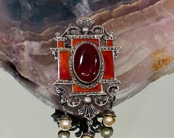 Antique Art Deco Carnelian Brooch: Sterling Silver, Marcasite & Faux Pearl Pin