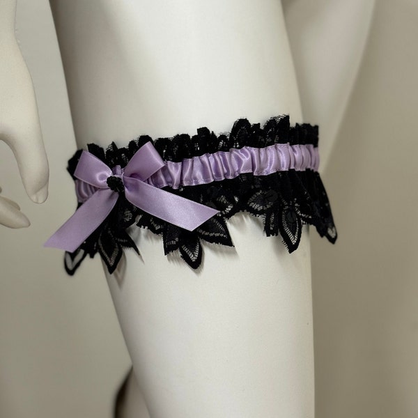 Luxury Black LACE & Sequin Garter with Lavender Satin Bow, Lingerie, Intimate Accessories, Anniversary Gifts, Gifts for Her, Handmade Garter