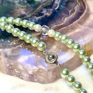 Vintage Rare Teng Yue Signed Mint Green Faux Pearl and Glass Long Necklace, Gifts for Her