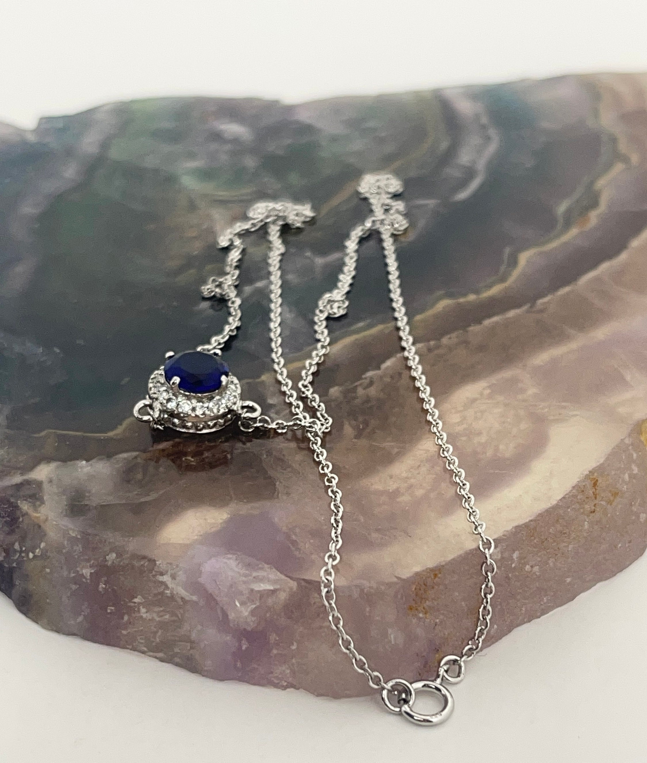 Collana Con Zaffiro Blu, Argento 925 Placcato Oro 18k - Foto 5