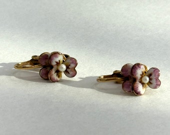 WINARD 12K 1/20 Gold Filled Dainty Lavender Violets Faux Pearls Clip-on Earrings, Vintage Jewelry
