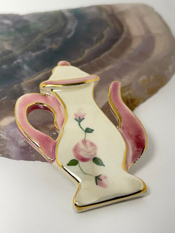 1950's Teapot Ceramic Hand Painted Brooch, Vintage