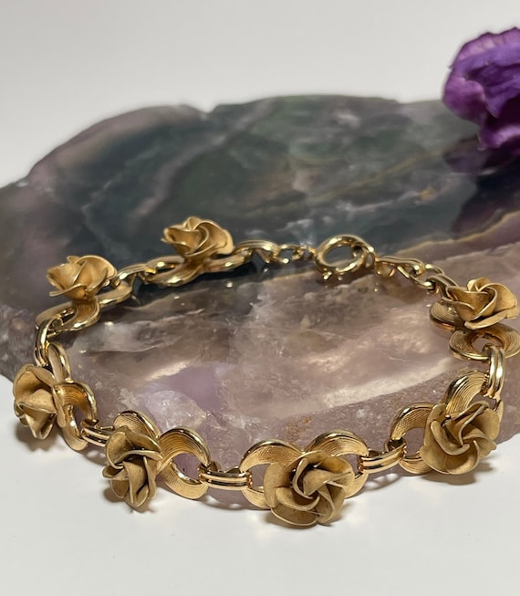 Rose Linked Bracelet, 12K Gold Filled, Vintage Fin