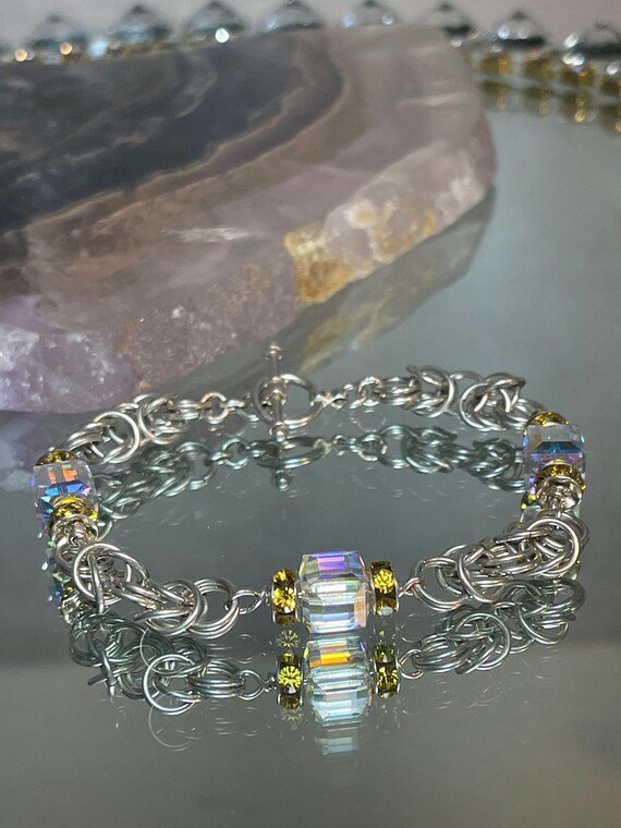 Rainbow Iridescent Linked Bracelet with Crystal A… - image 6