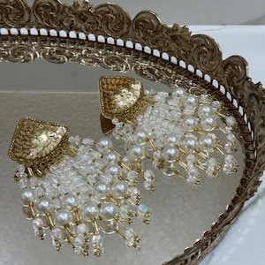 Eccentric Gold Sequin Pearl Bead Dangling Earrings, Dramatic White Faux Pearl Earrings, Statement Wedding Jewelry, Vintage Jewelry
