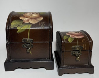 Hand-Painted Victorian Rose Wooden Jewelry Boxes, Vintage