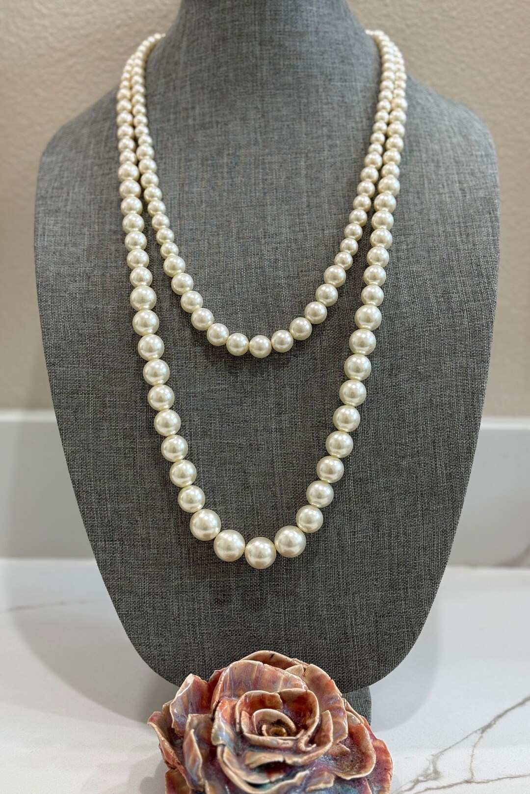 LARGE Long 26 Graduated Faux Pearl Double Necklace, Vintage Costume