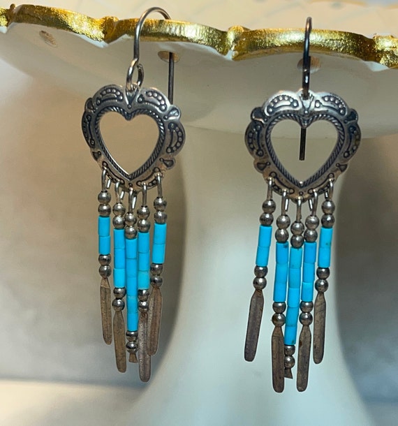 Native American Tubular Turquoise Beaded Engraved 