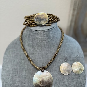 Abalone Necklace Bracelet Earrings Set, Carved Abalone Shell, Vintage Jewelry