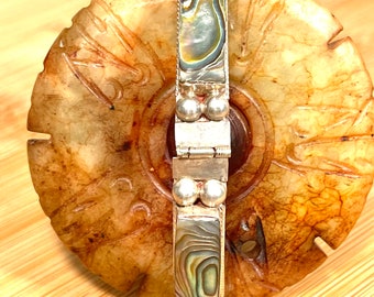 Handmade Abalone Inlay Bracelet LAD Mexico .925 Sterling Silver Circa 1930