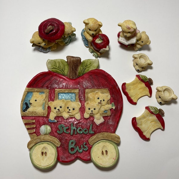 Apple "School Bus" Tiny Teacups and Baby Bear Figurine Set, Vintage