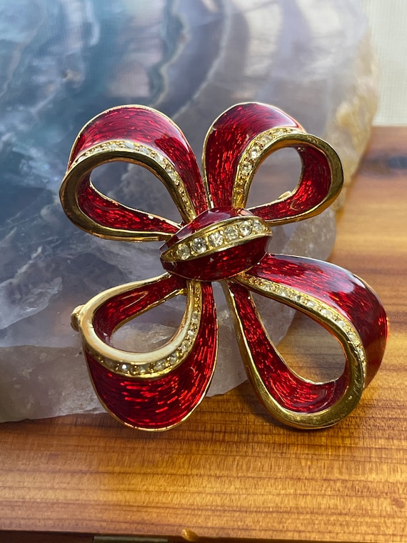 ROMAN Red Bow Cloisonne' Brooch, Christmas, Crysta