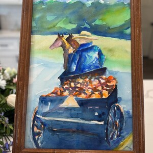 Raffigurazione di un carro postale del 1800, acquerello originale, May Post Office Rd Strasburg PA, opera d'arte incorniciata, arte storica da collezione