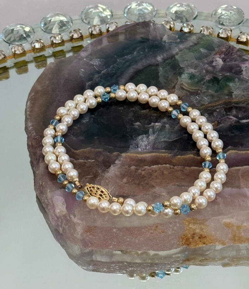 Vintage Faux Pearl and Faceted Blue Crystal Necklace, Gifts for Her