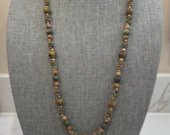 Collar Largo De Piedra Unakite Y Jasper Verde Y Cafe, Piedras Semi Preciosas, Collar Largo Vendimia, Verde Oliva Y Rojo Color Oro