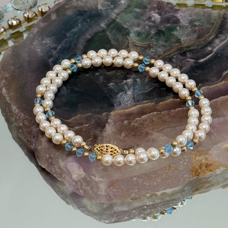 Vintage Faux Pearl and Faceted Blue Crystal Necklace, Gifts for Her