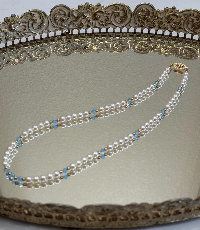 Vintage Faux Pearl and Faceted Blue Crystal Necklace, Gifts for Her