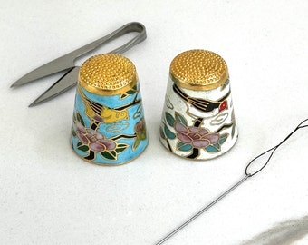 Vintage Cloisonne' Thimbles Set of 2, Birds and Flowers with Gold Gild Accent, Rare Collectible