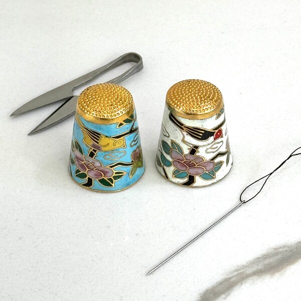 Vintage Cloisonne' Thimbles Set of 2, Birds and Flowers with Gold Gild Accent, Rare Collectible