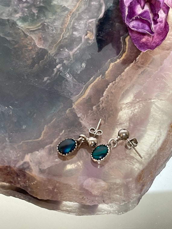 Dainty Blue Green Opal Earrings Sterling Silver, V