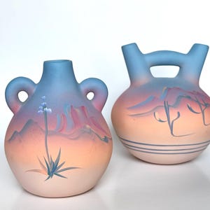 Vintage Signed Southwestern Wedding Vase Set of 2 Pastel Blue Peach Hand Painted Desert Landscape