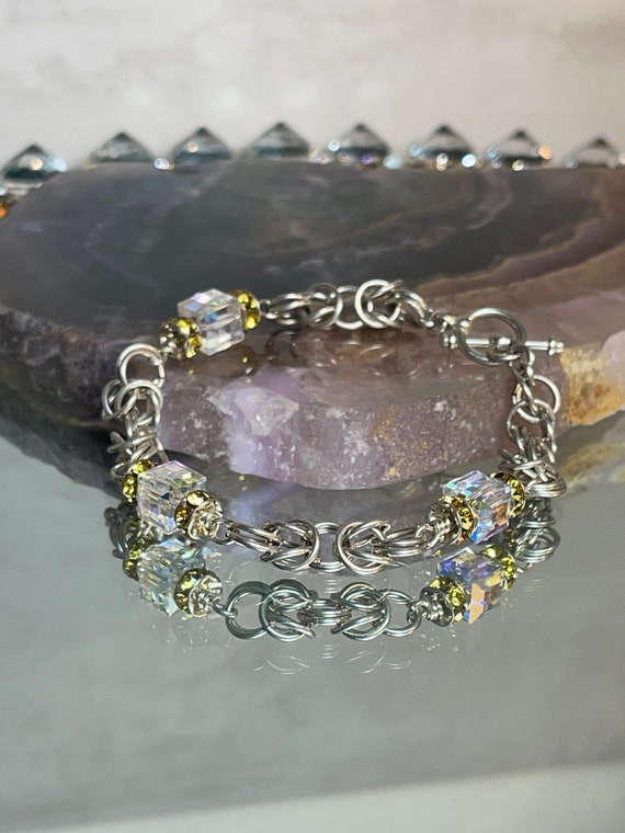 Rainbow Iridescent Linked Bracelet with Crystal A… - image 2