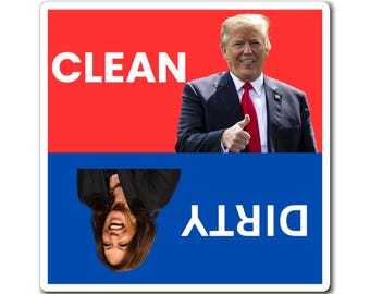 May include: A red and blue square with the word "CLEAN" in white on the red side and the word "DIRTY" in white on the blue side. A man in a suit is on the red side and a woman is upside down on the blue side.