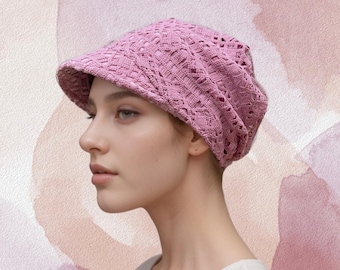 Full coverage cap, chemo headwear, crocheted outer layer with slouch design and lightweight jersey lining in beautiful rose pink