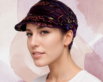 Full coverage cap, chemo headwear, soft lightweight and ultra comfortable fabric and designed with ruching for a relaxed look, black pattern