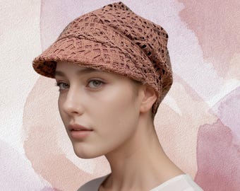 Full coverage cap, chemo headwear, crocheted outer layer with slouch design and lightweight jersey lining in chocolate brown