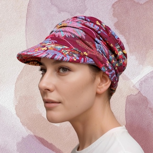 Full coverage cap, chemo headwear, soft, lightweight and ultra comfortable fabric and designed with ruching for a relaxed look, Red