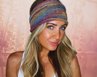 Head band, soft sturdy cotton, fun rainbow colours in a boho style, super comfortable WIDE headband, one size fits all (Wide Sunset)
