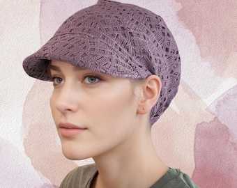 Full coverage cap, chemo headwear, crocheted outer layer with slouch design and lightweight jersey lining in pretty mauve