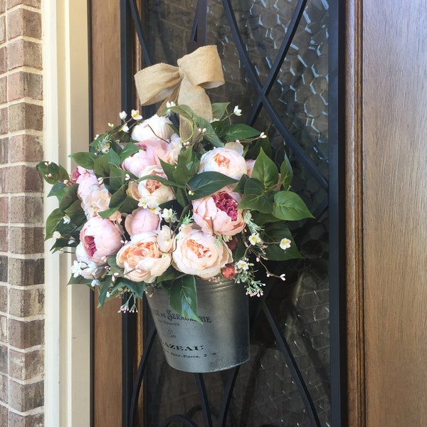 Spring and Summer Wreath, Front Door Wreath, Peony Wreath, Pink Peony Wreath, Half Metal Bucket, Wall Bucket, French Bucket, Porch Decor