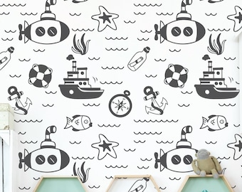 Nursery Boats Wall Decal | Nautical Wall Decals | Anchors Boat Submarine Fish Waves Wall Decals | Nursery Boys Wall Decor | Kids Room Decor