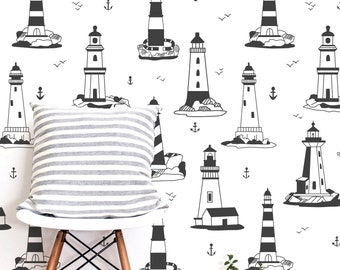 Nursery Lighthouse Wall Decal | Nautical Wall Decals | Anchors and Seagulls Birds Wall Decals | Nursery Boys Wall Decor | Kids Room Decor