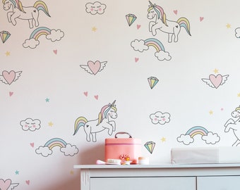 Unicorn Wall Decals | Happy Unicorn Nursery Decor | Rainbows Wall Murals | Rainbow Wall Decor | Winged Hearts Kids Room | Clouds Sticker 105