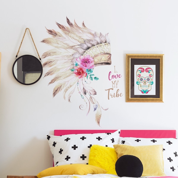 Sticker mural coiffure Boho | J'aime ma tribu | Indien d'Amérique | Stickers muraux | Décoration murale | Autocollants muraux | Livraison gratuite