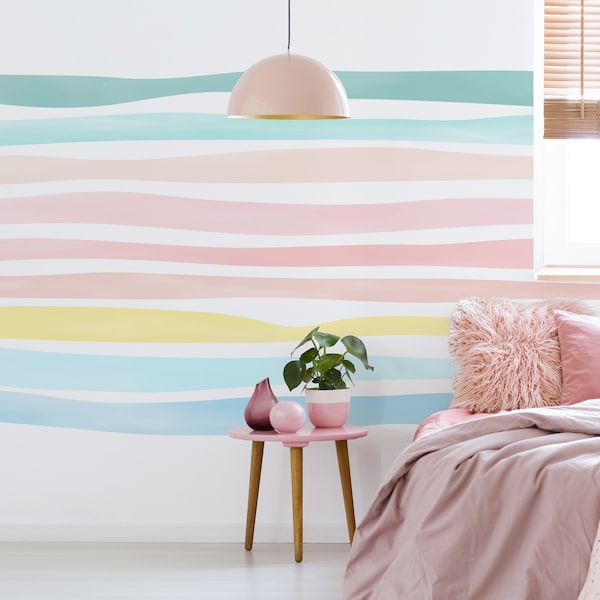 Rainbow Watercolor Stripes Wall Decals, Removable Stickers, Playroom Pastel Rainbow Wallpaper, Nursery Room Daycare Wall Décor Decals 349