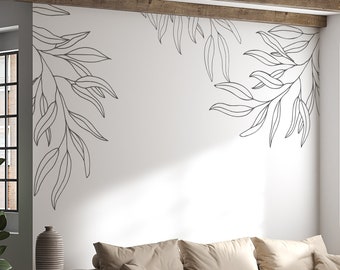 Line Drawing Corner Wall Decals, Accent Floral Line Drawing Corner, Nature Focal Wall, Floral Apartment Removable Artwork 1033