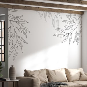 Line Drawing Corner Wall Decals, Accent Floral Line Drawing Corner, Nature Focal Wall, Floral Apartment Removable Artwork 1033