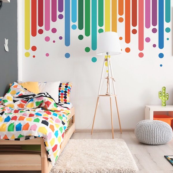 Calcomanía moderna de pared de arco iris grande, decoración de dormitorio para preadolescentes, murales de pared de sala de juegos, alternativa a la cabecera, arte de pared de habitación de arco iris para niños de gran tamaño 271