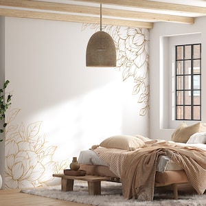 Line Drawing Corner Wall Decals, Accent Floral Line Drawing Corner, Focal Wall Artwork Line Drawing Wall, Apartment Removable Artwork 1032